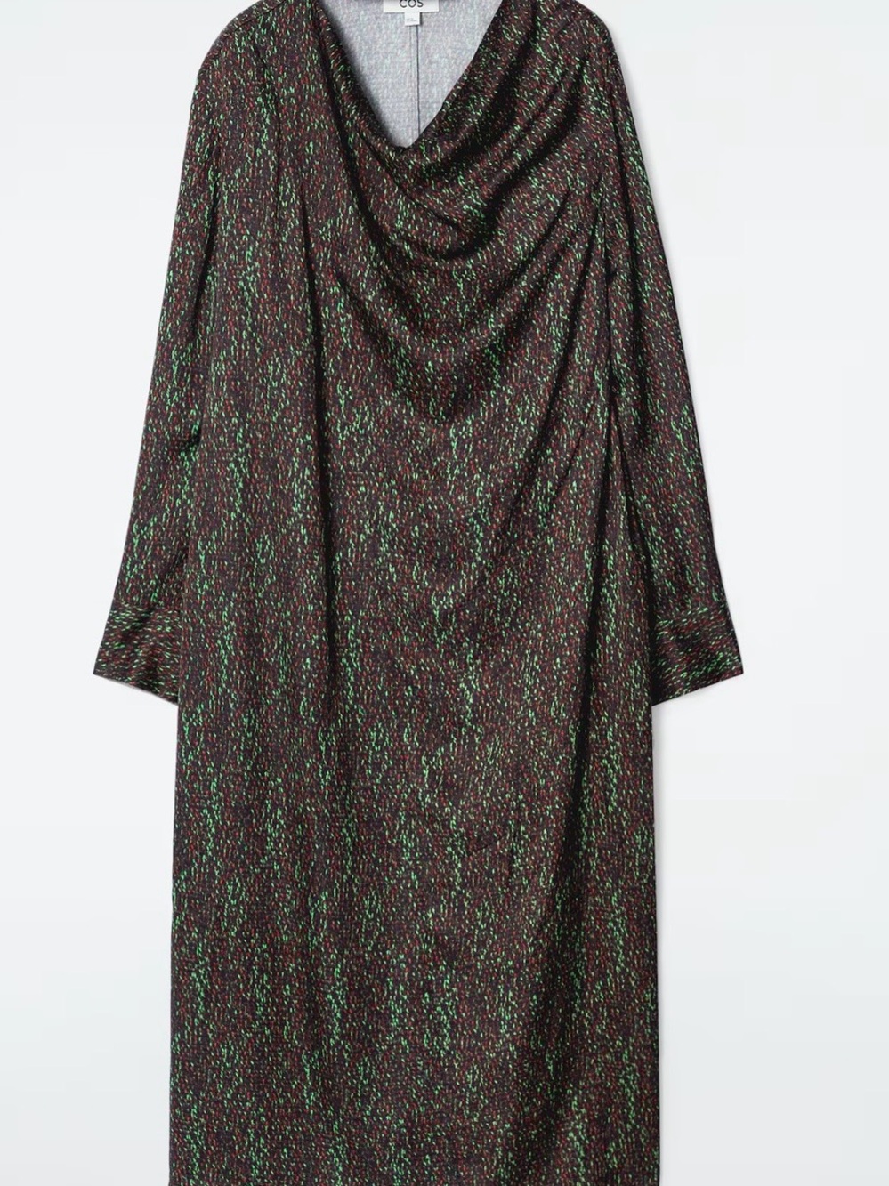 COS Black Dress with Green Speckle Draped Long-Sleeve Midi